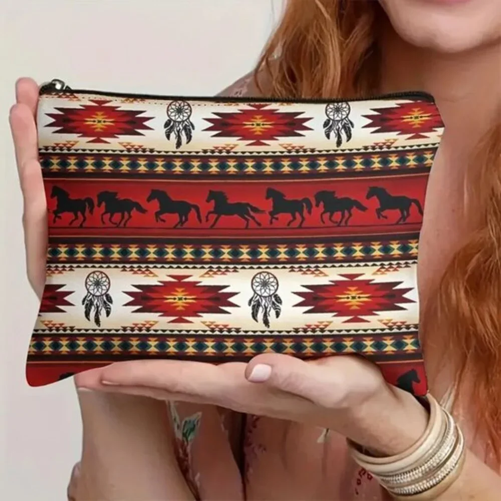 Western Aztec Horse Pattern Bag Dream Catcher Zippered Pouch Makeup Organizer